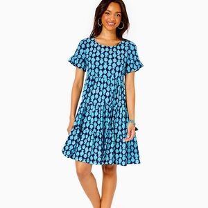 Lilly Pulitzer Blue Teal Floral Fish-Print Tiered Dress